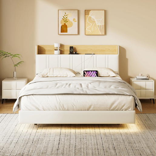 Cama de casal suspensa de design exclusivo com arrumação, luzes LED multicoloridas e portas USB u2013 160x200 cm u2013 Couro sintético branco e carvalho claro Cama de casal suspensa de design exclusivo com arrumação, luzes LED multicoloridas e portas USB u2013 160x200 cm u2013 Couro sintético branco e carvalho claro