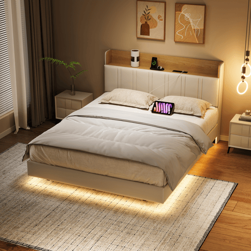 Cama de casal suspensa de design exclusivo com arrumação, luzes LED multicoloridas e portas USB u2013 160x200 cm u2013 Couro sintético branco e carvalho claro Cama de casal suspensa de design exclusivo com arrumação, luzes LED multicoloridas e portas USB u2013 160x200 cm u2013 Couro sintético branco e carvalho claro