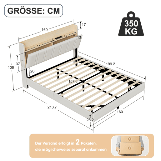 Cama de casal suspensa de design exclusivo com arrumação, luzes LED multicoloridas e portas USB u2013 160x200 cm u2013 Couro sintético branco e carvalho claro Cama de casal suspensa de design exclusivo com arrumação, luzes LED multicoloridas e portas USB u2013 160x200 cm u2013 Couro sintético branco e carvalho claro