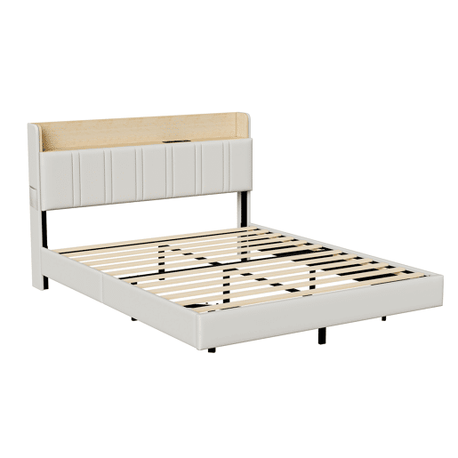 Cama de casal suspensa de design exclusivo com arrumação, luzes LED multicoloridas e portas USB u2013 160x200 cm u2013 Couro sintético branco e carvalho claro Cama de casal suspensa de design exclusivo com arrumação, luzes LED multicoloridas e portas USB u2013 160x200 cm u2013 Couro sintético branco e carvalho claro