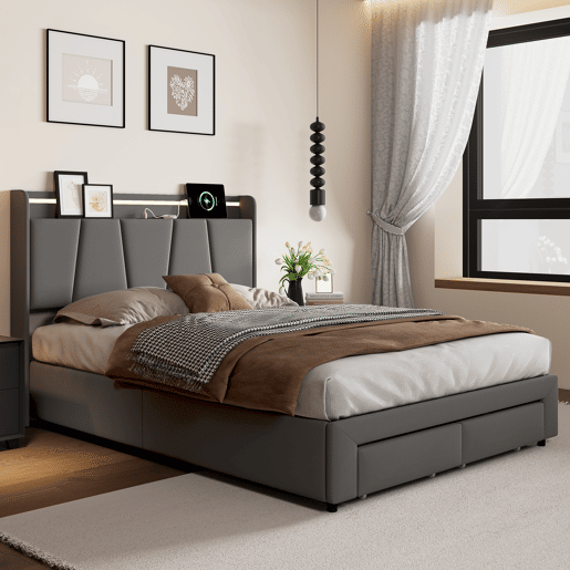 Cama com baú 140x200 cm - 2 gavetas - cama dupla estofada - LED e USBType-C - estrado de ripas - linho - cinza escuro Cama com baú 140x200 cm - 2 gavetas - cama dupla estofada - LED e USBType-C - estrado de ripas - linho - cinza escuro