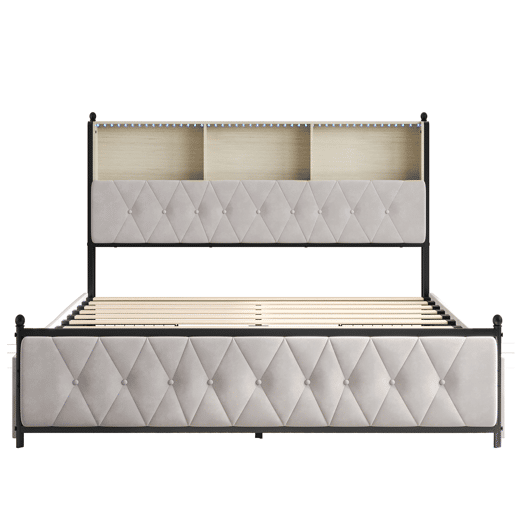 Cama estofada adulta 140x200 cm - LED - USB - 4 gavetas - estrado de ripas - veludo bege Cama estofada adulta 140x200 cm - LED - USB - 4 gavetas - estrado de ripas - veludo bege