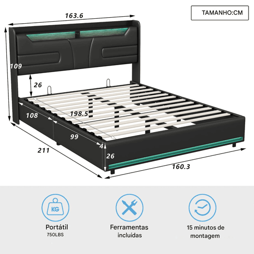 Cama estofada 160x200 cm com tomadas USB e elétricas, cama de casal juvenil com estrado de ripas e espaço de arrumação, cama divã com LED, pele sintética, preta
