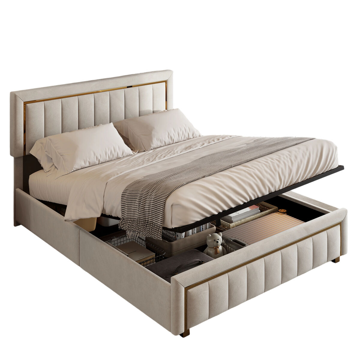 Cama 140x190 cm en terciopelo beige con almacenaje , ribete dorado y diseño de rayas verticales