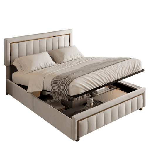 Cama 140x190 cm em veludo bege com canapé a gás, borda dourada e design de listras verticais Cama 140x190 cm em veludo bege com canapé a gás, borda dourada e design de listras verticais