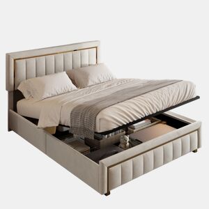 Cama 140x190 cm em veludo bege com canapé a gás, borda dourada e design de listras verticais
