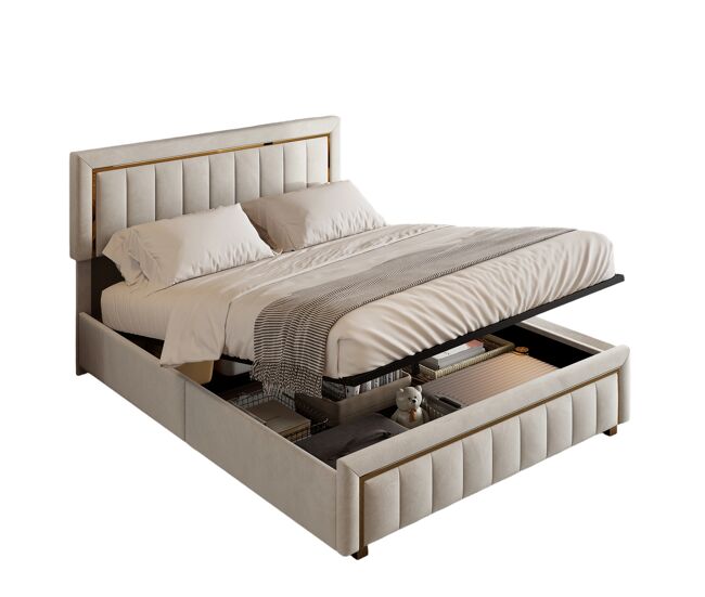 Cama 140x190 cm en terciopelo beige con almacenaje , ribete dorado y diseño de rayas verticales
