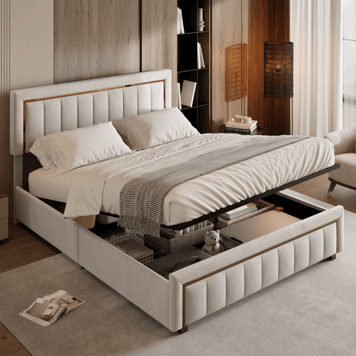 Cama 140x190 cm em veludo bege com canapé a gás, borda dourada e design de listras verticais Cama 140x190 cm em veludo bege com canapé a gás, borda dourada e design de listras verticais