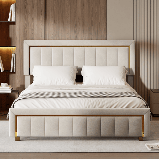 Cama 140x190 cm em veludo bege com canapé a gás, borda dourada e design de listras verticais Cama 140x190 cm em veludo bege com canapé a gás, borda dourada e design de listras verticais