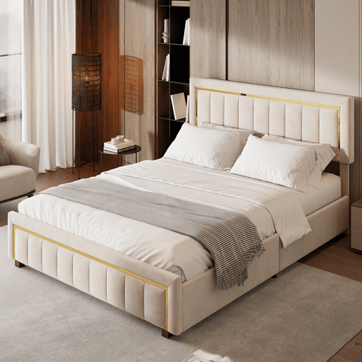 Cama 140x190 cm em veludo bege com canapé a gás, borda dourada e design de listras verticais Cama 140x190 cm em veludo bege com canapé a gás, borda dourada e design de listras verticais