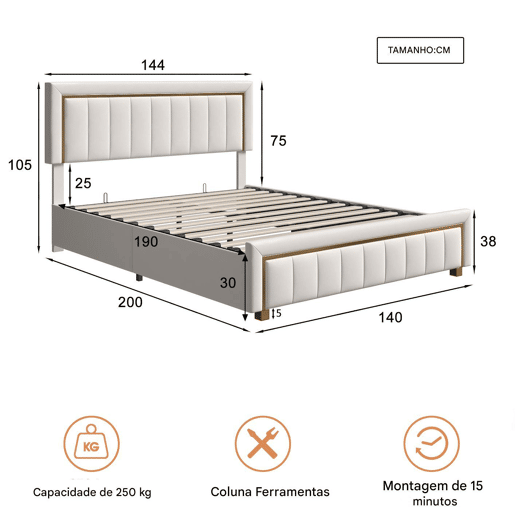 Cama 140x190 cm em veludo bege com canapé a gás, borda dourada e design de listras verticais Cama 140x190 cm em veludo bege com canapé a gás, borda dourada e design de listras verticais
