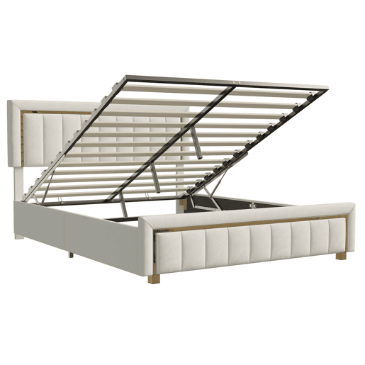 Cama 140x190 cm em veludo bege com canapé a gás, borda dourada e design de listras verticais Cama 140x190 cm em veludo bege com canapé a gás, borda dourada e design de listras verticais