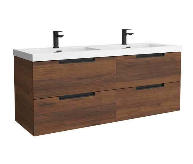 Mueble de baño leni 140cm nogal 4 cajones + lavabo 2 pozas carga mineral
