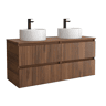 Móvel KIRA Nogueira 120cm 4 gavetas lavatório sobre bancada 2 cubas Porcelana|120x45x54