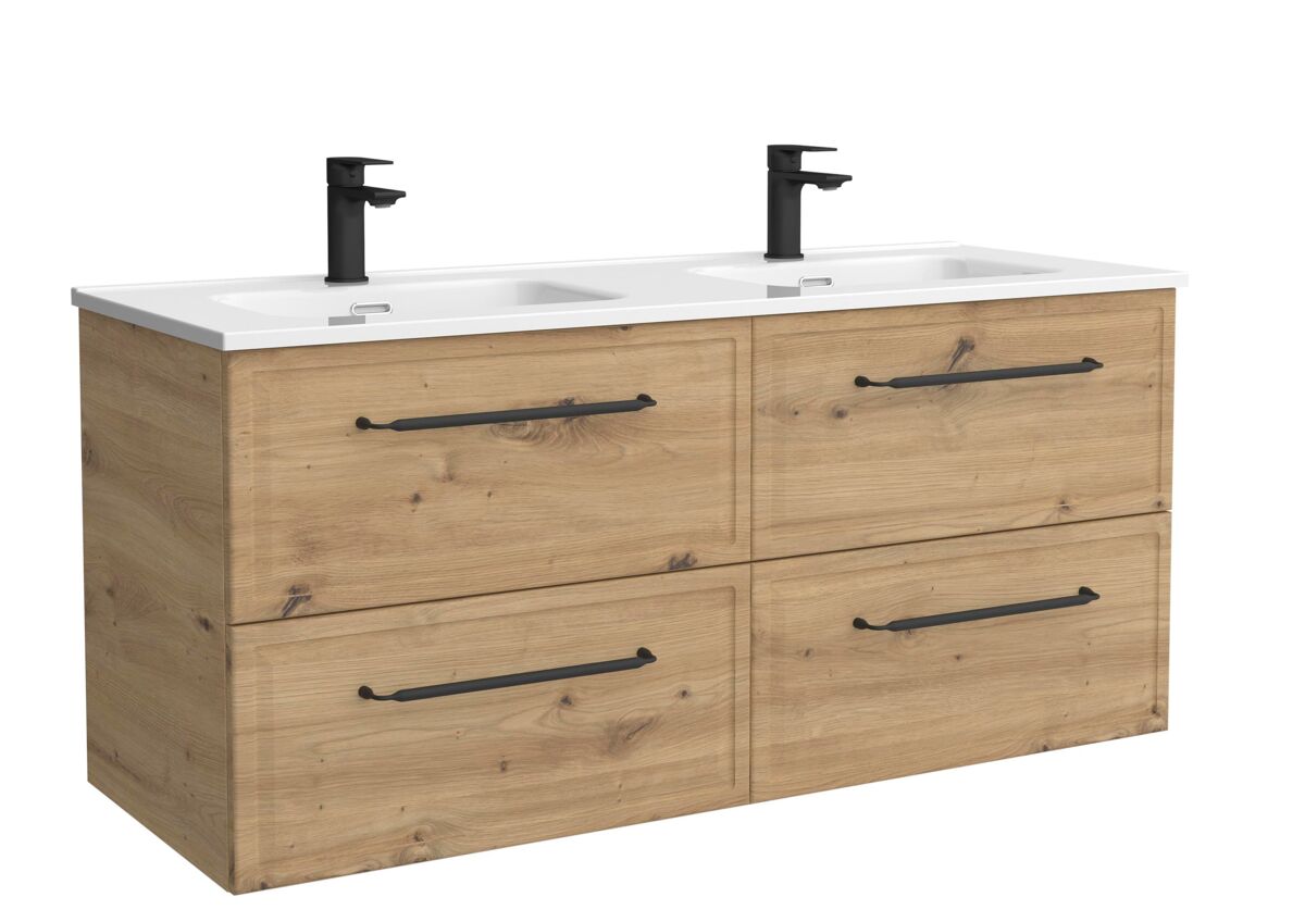 Mueble de baño runa 120cm roble 4 cajones + lavabo 2 pozas porcelana