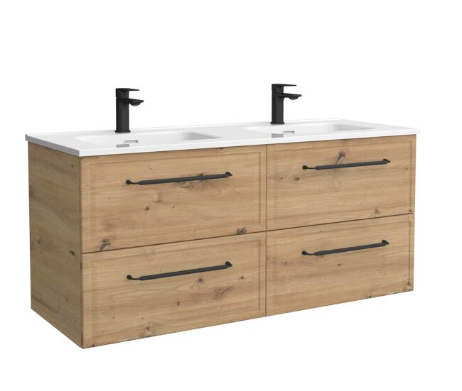 Mueble de baño runa 120cm roble 4 cajones + lavabo 2 pozas porcelana