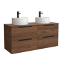 Móvel LENI Nogueira 120cm 4 gavetas lavatório sobre bancada 2 cubas Porcelana|120x45x54