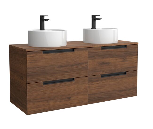 Mueble de baño leni 120cm nogal 4 cajones + lavabo 2 pozas porcelana