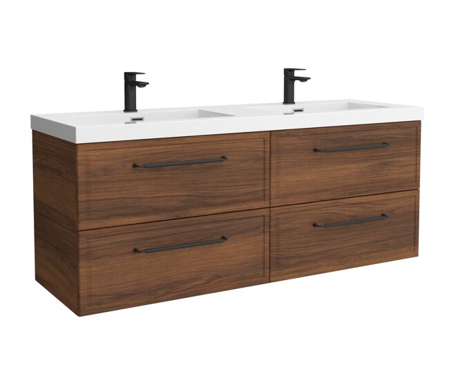 Mueble de baño runa 140cm nogal 4 cajones + lavabo 2 pozas carga mineral