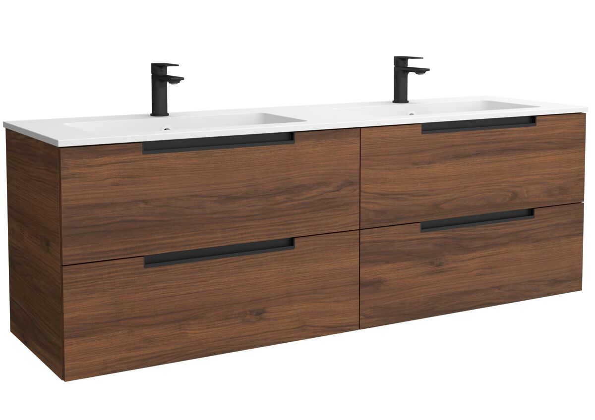 Mueble de baño leni 160cm nogal 4 cajones + lavabo 2 pozas solid surface