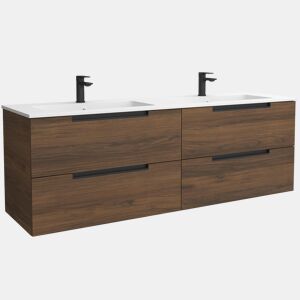 Móvel LENI Nogueira 160cm 4 gavetas lavatório Vilna 2 cubas Solid Surface|160x45x54