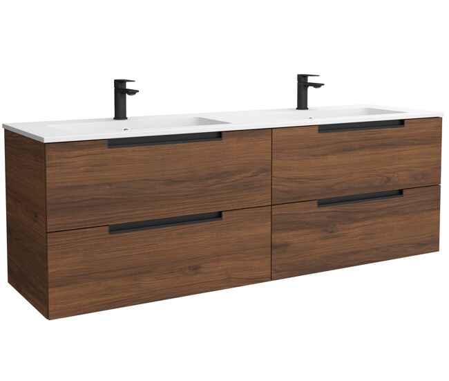 Mueble de baño leni 160cm nogal 4 cajones + lavabo 2 pozas solid surface