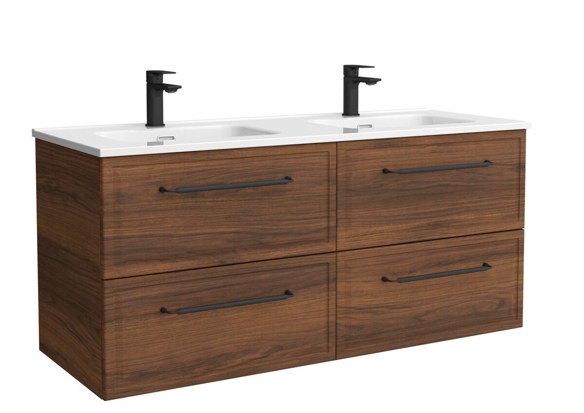 Mueble de baño runa 120cm nogal 4 cajones + lavabo 2 pozas porcelana