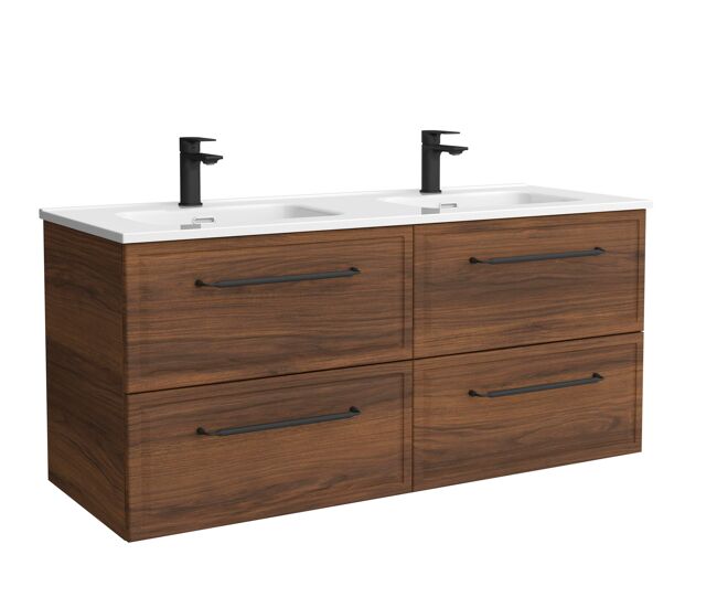 Mueble de baño runa 120cm nogal 4 cajones + lavabo 2 pozas porcelana