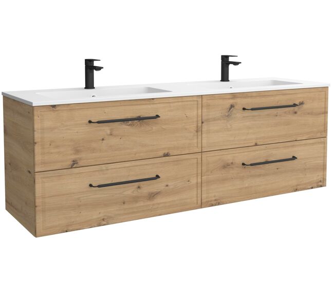 Mueble de baño runa 160cm roble 4 cajones + lavabo 2 pozas solid surface