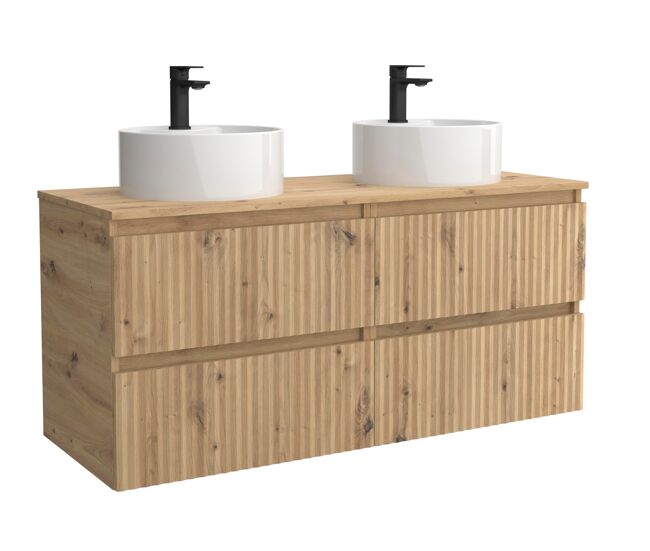 Mueble de baño kira 120cm roble 4 cajones + lavabo 2 pozas porcelana