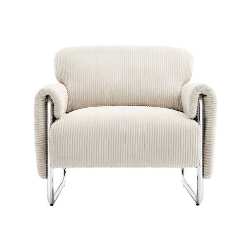 Poltrona vintage em veludo canelado com estrutura em metal cromado Branco sujo - 81x80x80 cm