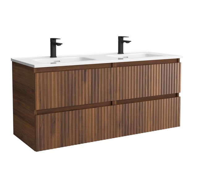 Mueble de baño kira 120cm nogal 4 cajones + lavabo 2 pozas porcelana