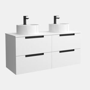 Móvel LENI branco fosco 140cm 4 gavetas lavatório sobre bancada 2 cubas Porcelana|140x45x54