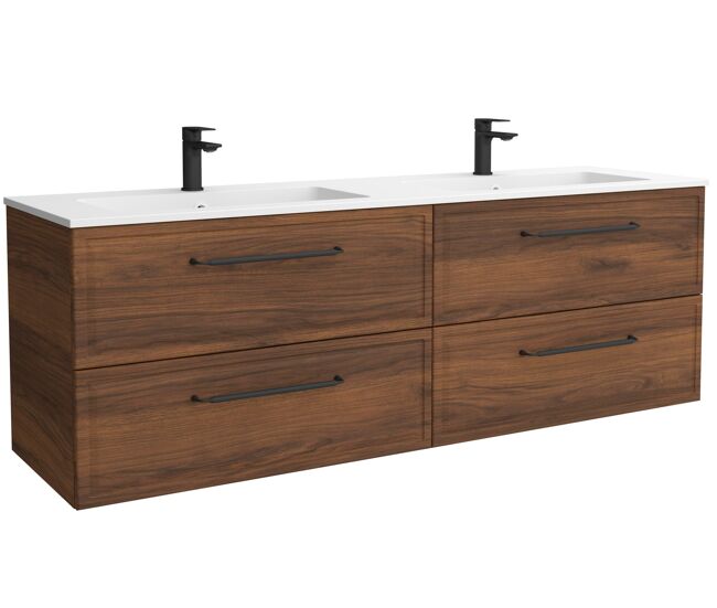 Mueble de baño runa 160cm nogal 4 cajones + lavabo 2 pozas solid surface