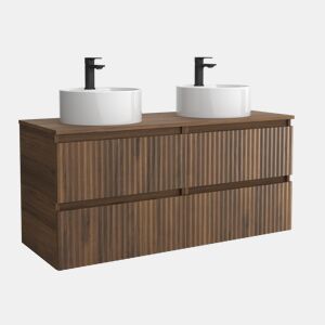 Móvel KIRA Nogueira 140cm 4 gavetas lavatório sobre bancada 2 cubas Porcelana|140x45x54