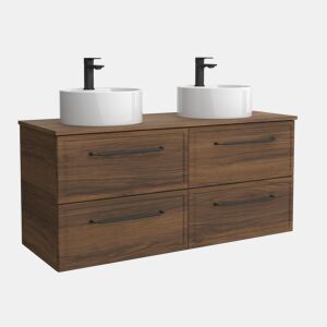 Móvel RUNA Nogueira 140cm 4 gavetas lavatório sobre bancada 2 cubas Porcelana|140x45x54