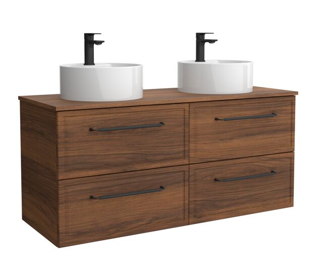 Mueble de baño runa 140cm nogal 4 cajones + lavabo 2 pozas porcelana