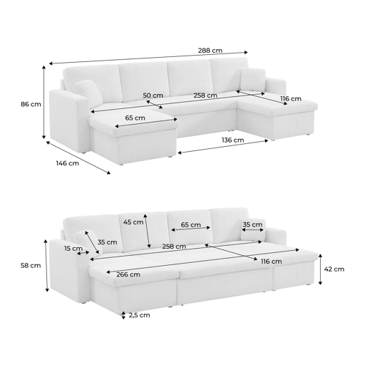 Sofá-cama em veludo canelado com arrumação, 4 lugares Terracota - 288x146x86 cm