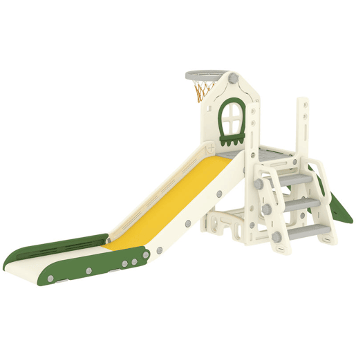 AIYAPLAY Escorrega Infantil Dobrável 4 em 1, com Trepador, Aro de Basquetebol, Bola e Arrumação, Degraus, Fácil de Montar e Limpar, Uso Interior, para Crianças 1-3 Anos, Branco Creme