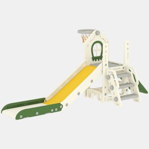 AIYAPLAY Escorrega Infantil Dobrável 4 em 1, com Trepador, Aro de Basquetebol, Bola e Arrumação, Degraus, Fácil de Montar e Limpar, Uso Interior, para Crianças 1-3 Anos, Branco Creme