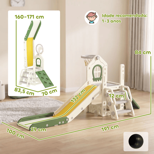 AIYAPLAY Escorrega Infantil Dobrável 4 em 1, com Trepador, Aro de Basquetebol, Bola e Arrumação, Degraus, Fácil de Montar e Limpar, Uso Interior, para Crianças 1-3 Anos, Branco Creme