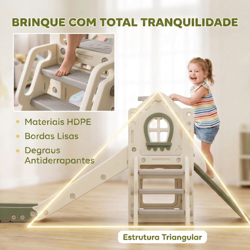 AIYAPLAY Escorrega Infantil Dobrável 4 em 1, com Trepador, Aro de Basquetebol, Bola e Arrumação, Degraus, Fácil de Montar e Limpar, Uso Interior, para Crianças 1-3 Anos, Branco Creme