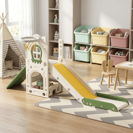 AIYAPLAY Escorrega Infantil Dobrável 4 em 1, com Trepador, Aro de Basquetebol, Bola e Arrumação, Degraus, Fácil de Montar e Limpar, Uso Interior, para Crianças 1-3 Anos, Branco Creme