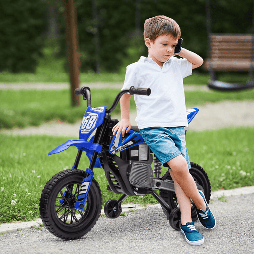 AIYAPLAY Mota Elétrica Infantil 12V com Música, Velocidade Ajustável 2,4-5 kmh, Rodas Auxiliares Removíveis, 30 kg, 107x56x70 cm, Azul