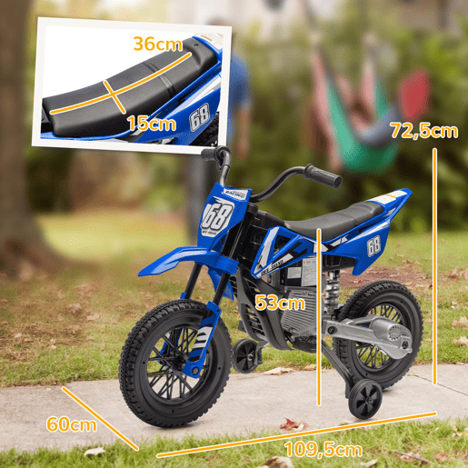 AIYAPLAY Mota Elétrica Infantil 12V com Música, Velocidade Ajustável 2,4-5 kmh, Rodas Auxiliares Removíveis, 30 kg, 107x56x70 cm, Azul