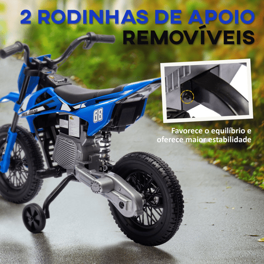 AIYAPLAY Mota Elétrica Infantil 12V com Música, Velocidade Ajustável 2,4-5 kmh, Rodas Auxiliares Removíveis, 30 kg, 107x56x70 cm, Azul
