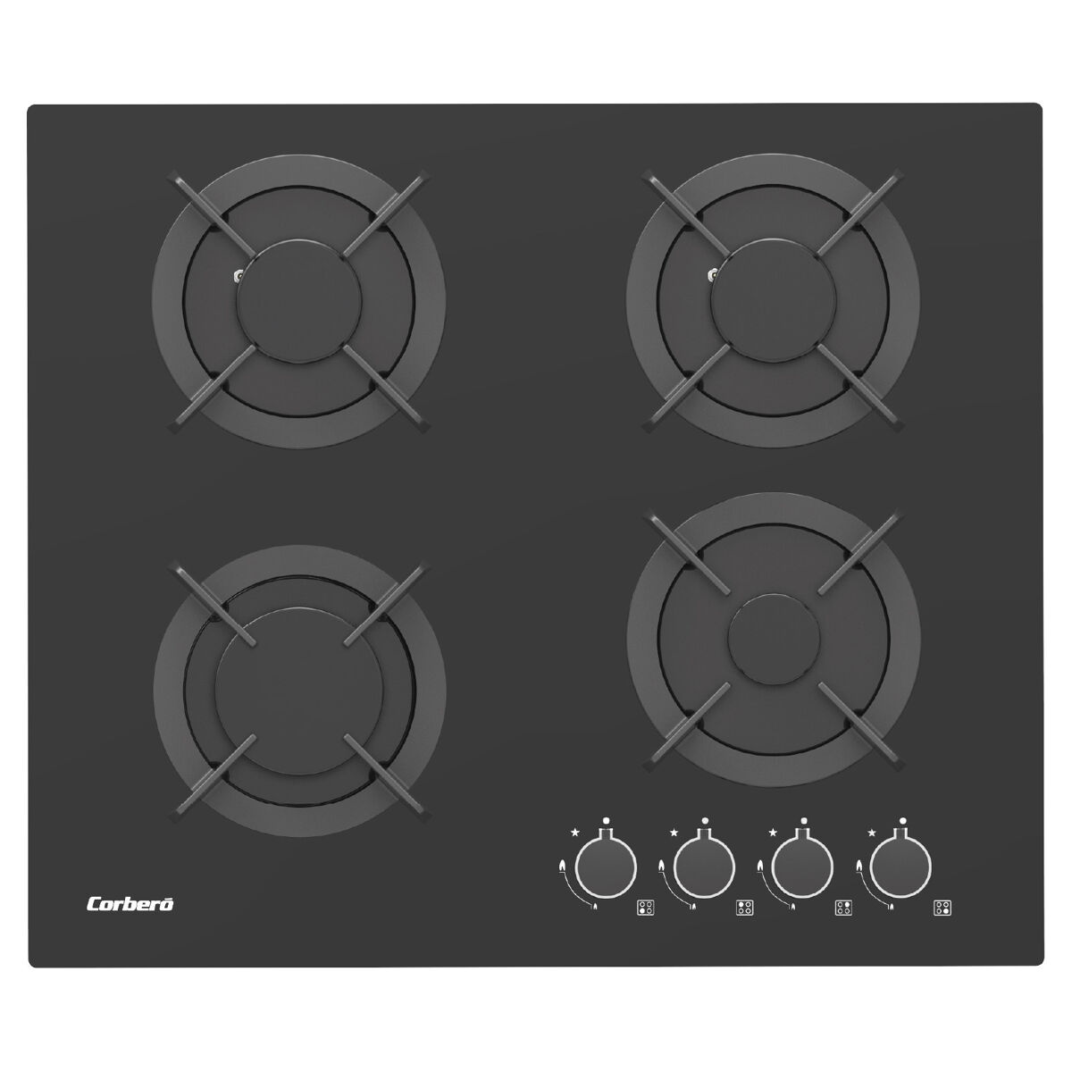 Corberó - placa gas cristal 60cm | cpg406n | 7,2kw | 4 zonas | mandos laterales | parrilla hierro fundido | sin marco | kit conversión| válvula