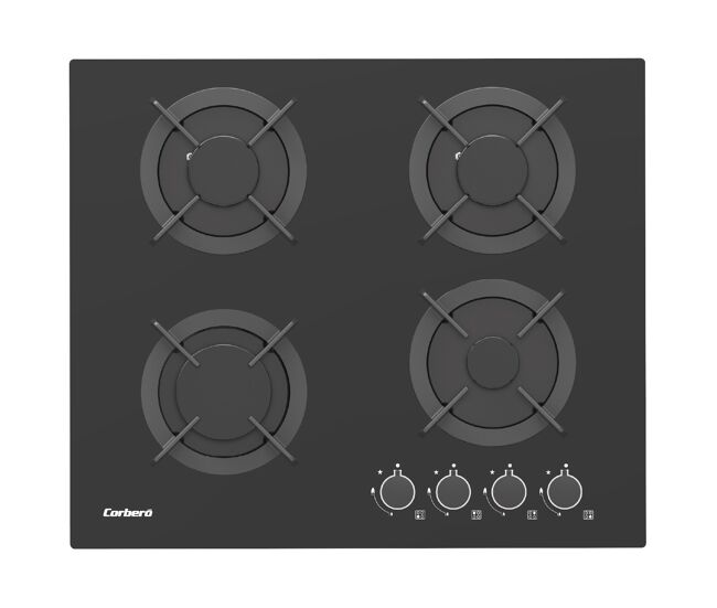 Corberó - placa gas cristal 60cm | cpg406n | 7,2kw | 4 zonas | mandos laterales | parrilla hierro fundido | sin marco | kit conversión| válvula