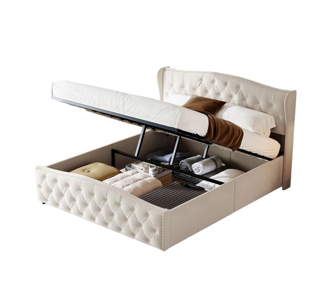Cama tapizada de 140×190 cm con somier de láminas y almacenamiento hidráulico – terciopelo, cama doble