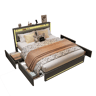 Cama estofada com LEDs e função de carregamento USB na cabeceira e 4 gavetas. Cama de casal de 160 x 200 cm com estrado de arrumação e estrado de ripas de madeira cinza escuro.